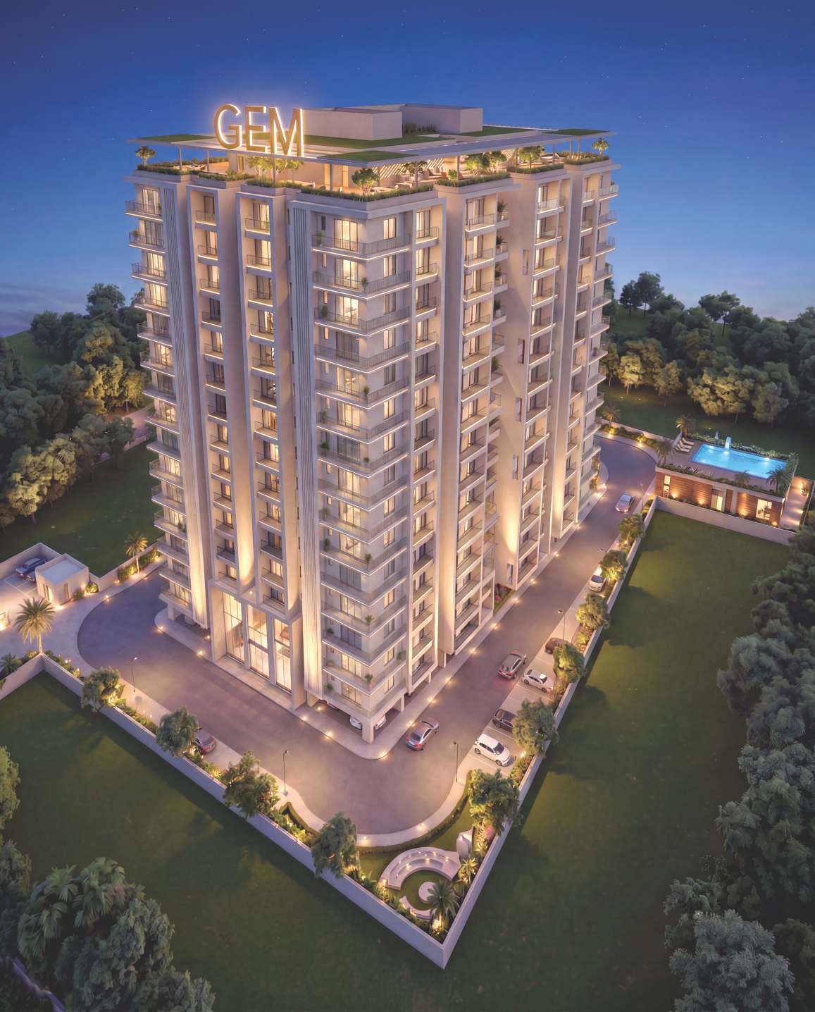 GEM Shreshta — aerial night view of the tower and grounds